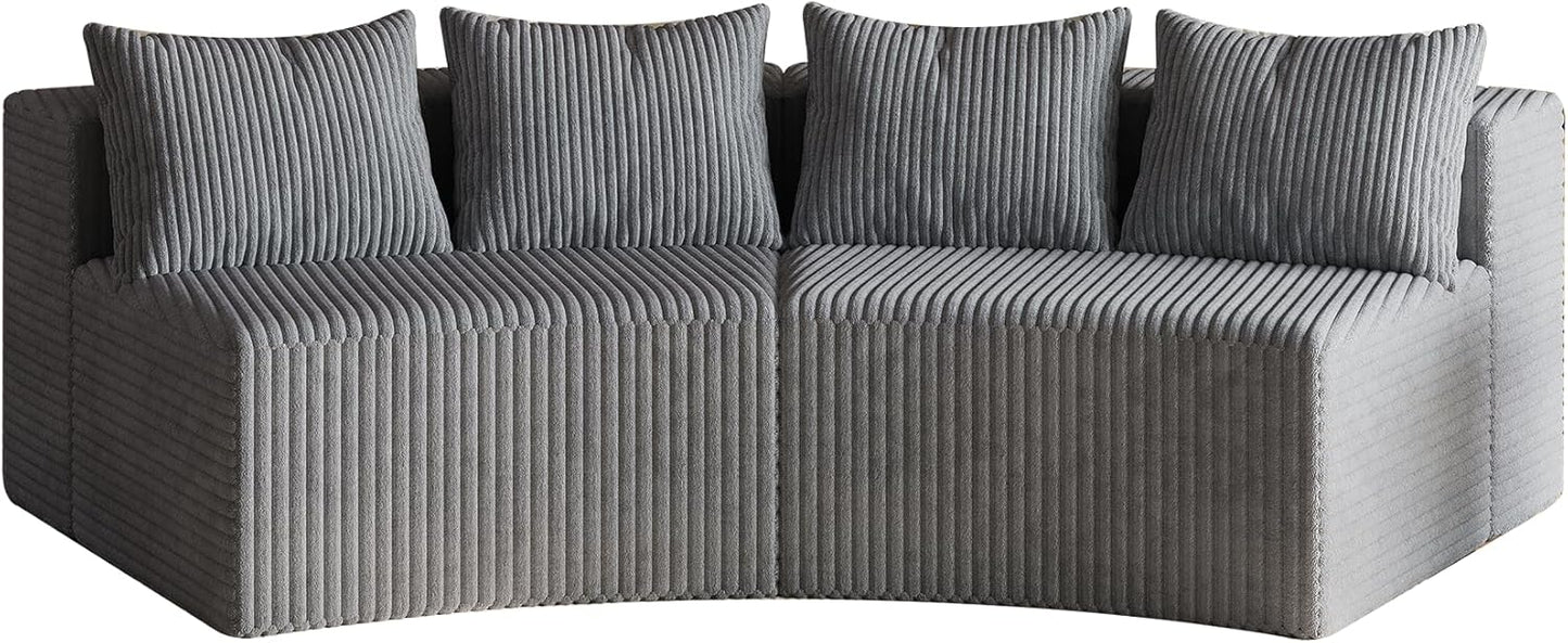 KEIKI Corduroy Curved Sectional Sofa, 2 Seater Symmetrical Modular Semi Circular Couch, Deep Seat Tufted Corner Sofa for Living Room, Lobby, Gray