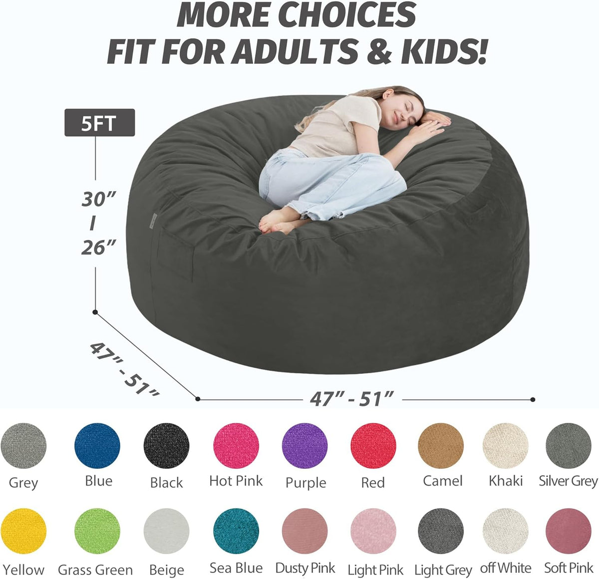 5FT Bean Bag Chair with Ultra Soft Velvet Cover Bean Bag Sofa with Memory Foam Bean Bag Chairs with Large Size Lazy Sofa for Dorm Office Living Room Bedroom Grey 5'