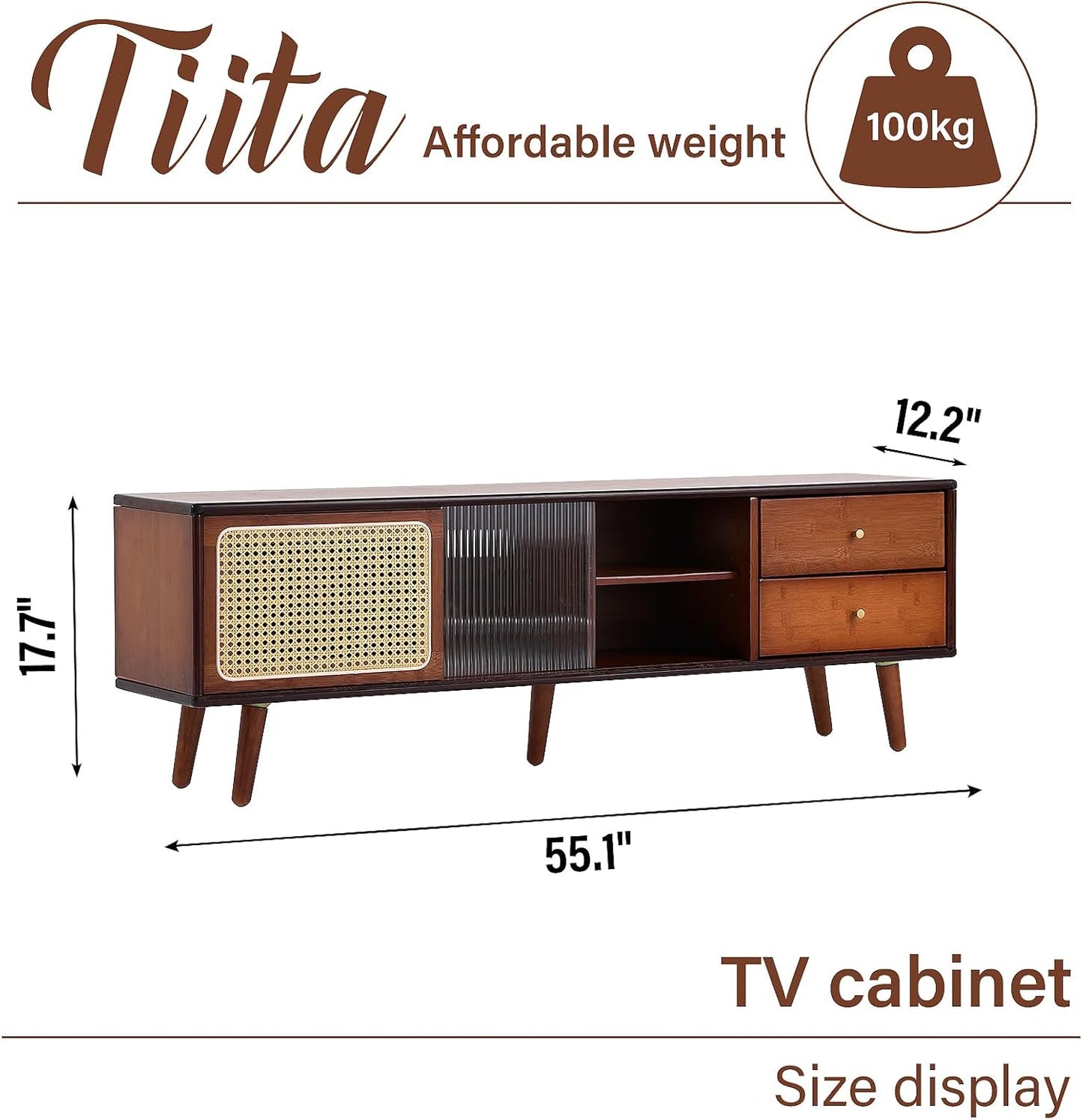 Tiita Rattan TV Stand for 55 65 Inch TV, Bamboo TV Cabinet with 2 Drawers, Boho Entertainment Center with Adjustable Shelf, Mid Century Modern Media Console for Bedroom, Living Room, Walnut