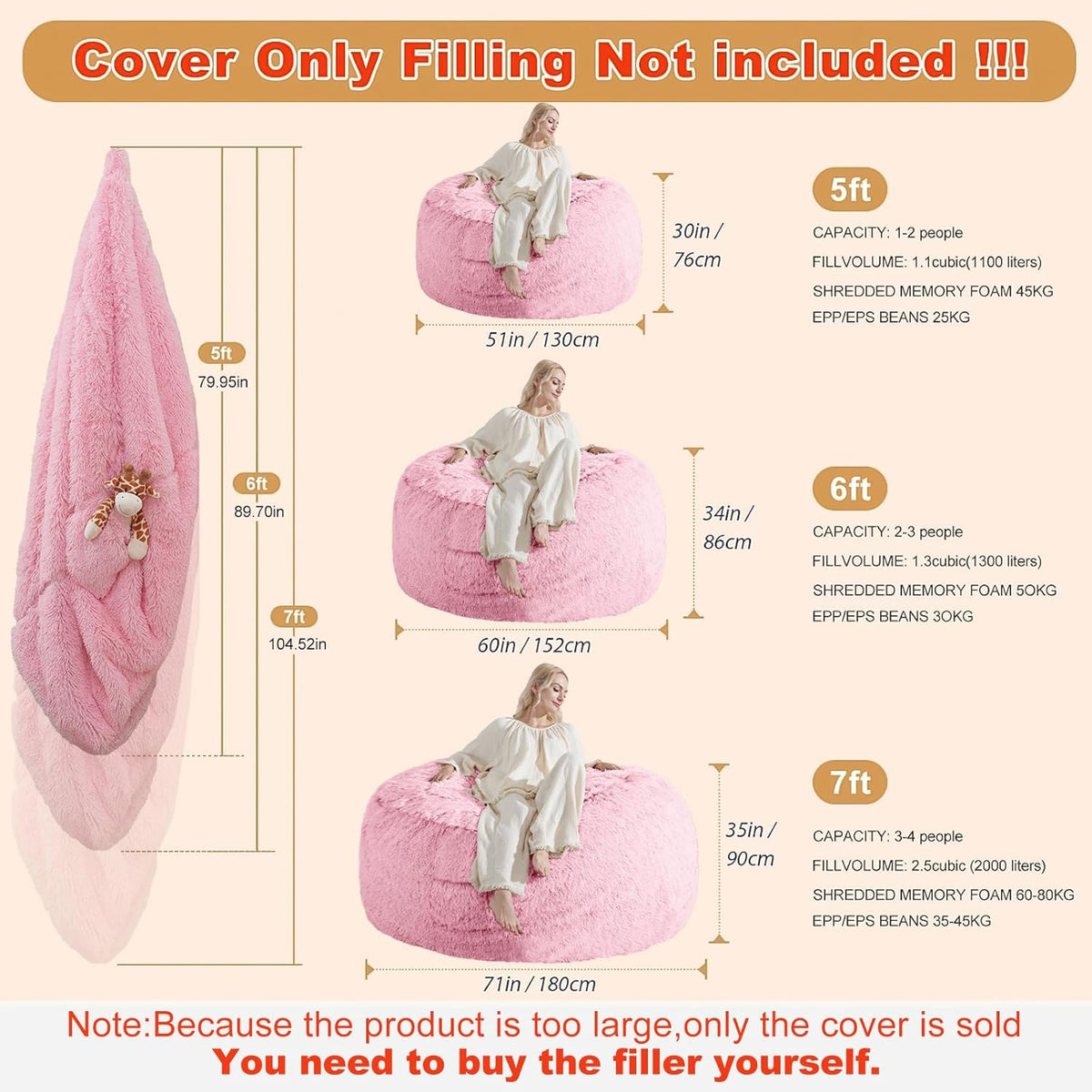 Fluffy Bean Bag for Stuffed Animals Storage, Faux Fur Washable Bean Bag Chair Cover(No Filler) for Textile Plush Toys, Beanbag Chair Cover for Adults Kids Teens, 7FT, Pink