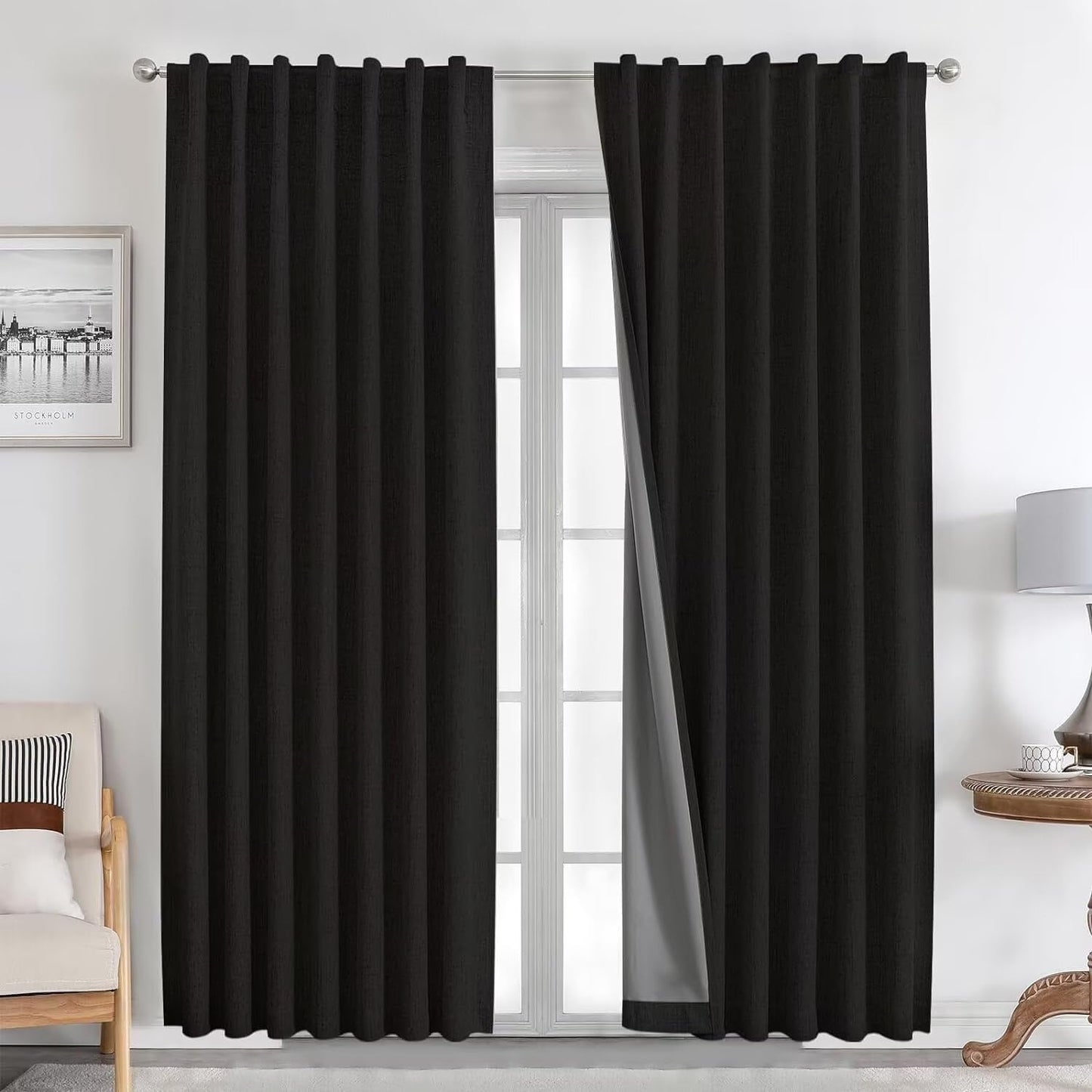 Joydeco Natural Linen Curtains 84 inch Length 2 Panels Set Burg 100% Blackout Patio Door Curtain Room Darkening Sliding Door Curtains Thermal Insulated Back tab Rod Pocket(105x84 inch, Black)