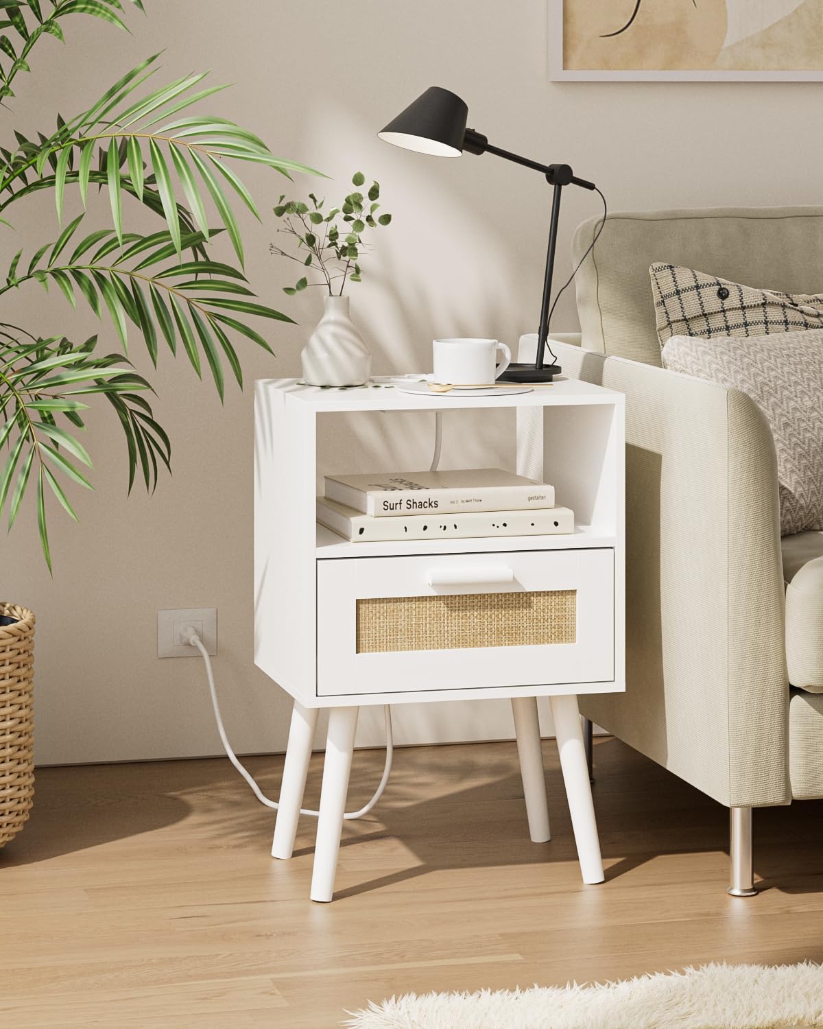 Bedroom Nightstands Wooden Night Stands with Rattan Weaving Drawer Home Bedside End Table for Bedroom Storage (Modern-White)