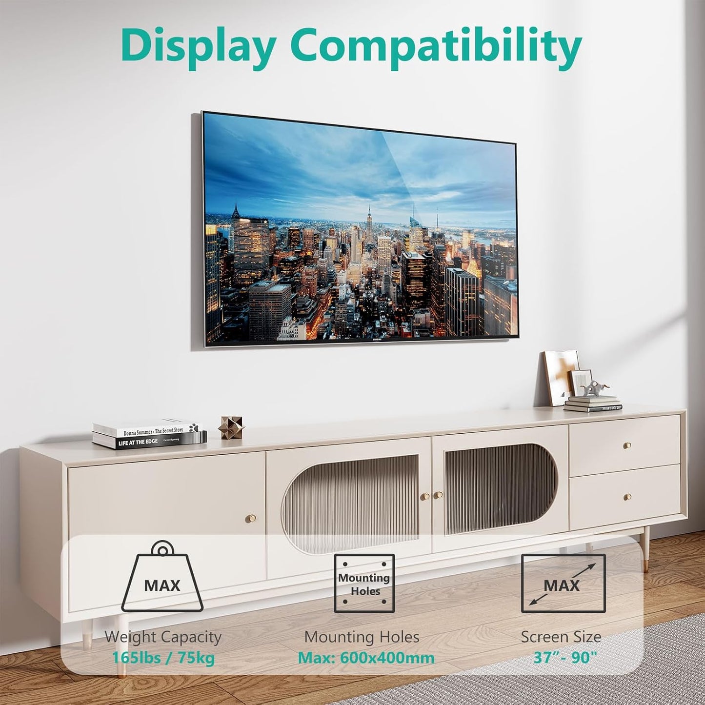 WALI TV Wall Mount Bracket for 37-90 Inch Flat Curved TVs up to 165 lbs, Low Profile Wall Mount Holds Your TV 1.1 Inch from The Wall, Mounting Holes up to 600x400mm (TTM-2), Black