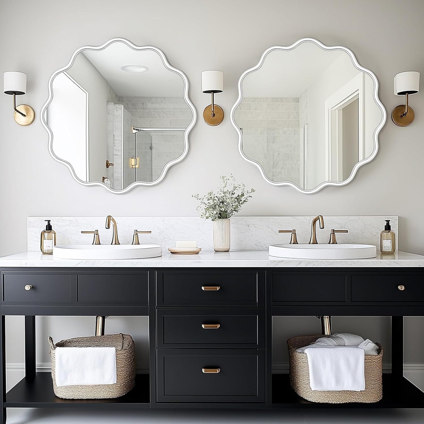 PROHOMEWARE White Round Mirror 28 Inch Wavy Bathroom Vanity Mirror White Frame Modern Wall Mirror Decorative Wall-Mounte Anti-Rust, Tempered Glass