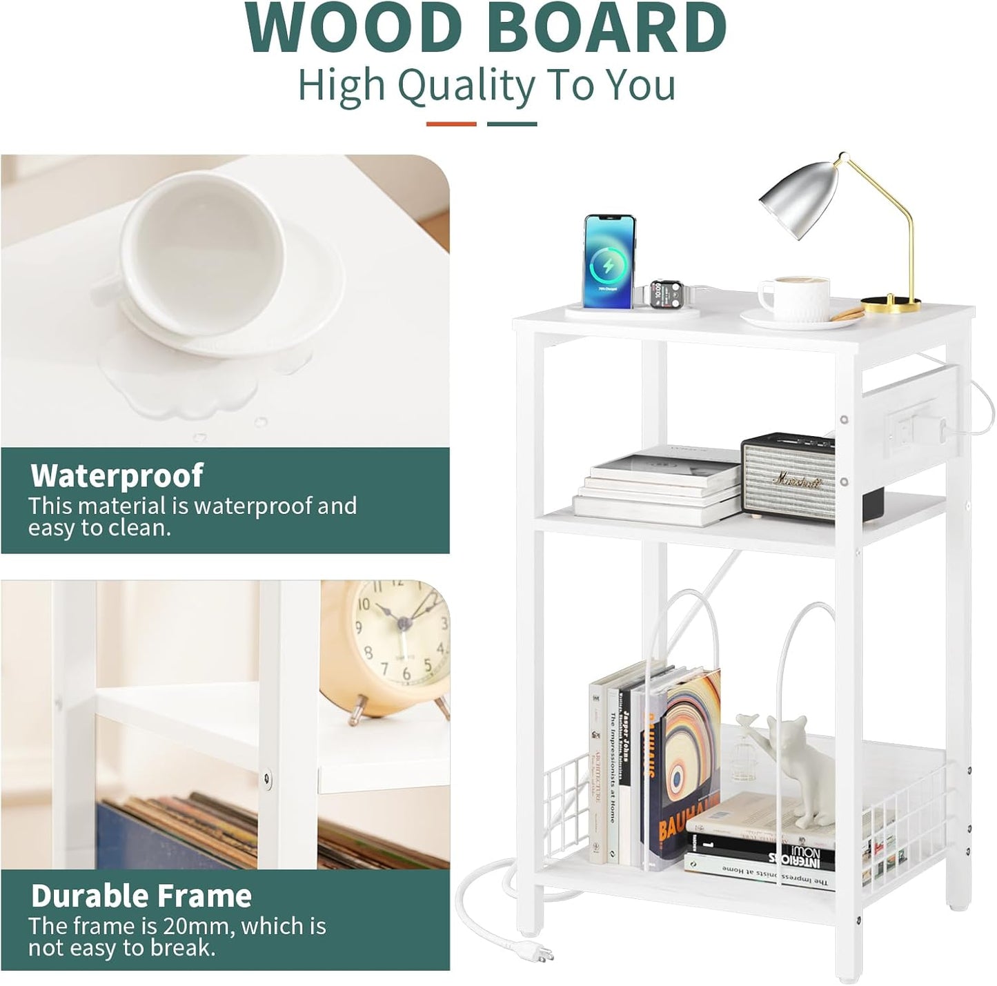 Yoobure Record Player Stand, 3-Tier White Side Table with Charging Station, Small End Table Record Holder with Vinyl Storage, Beside Tables Turntable Stand for Album CD, Night Stand for Living Room
