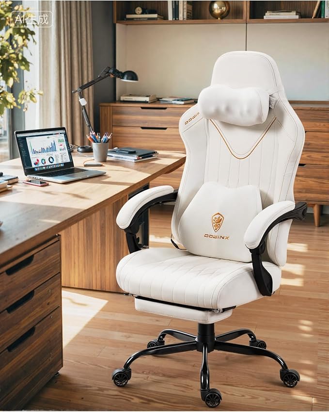 Dowinx Gaming Video Gaming Chair with Shiatsu Neck Massager and Lumbar Support for Home Office High Back Recliner Height Adjustable Ergonomic Comfy Leather Computer Desk Chair (Lvory)