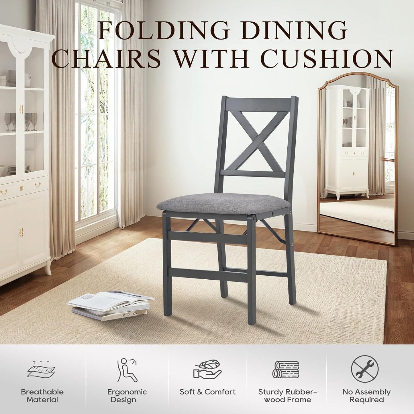 COLAMY Folding Dining Chairs Set of 2, Foldable Chairs with Padded Seats, Wood Folding Dining Room Chairs for Kitchen, Party, Camping, Dark Grey