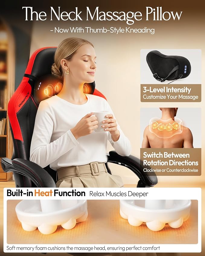 Dowinx Gaming Video Gaming Chair with Shiatsu Neck Massage and Lumbar Support for Home Office High Back Recliner Height Adjustable Ergonomic Comfy Leather Computer Desk Chair (Red)