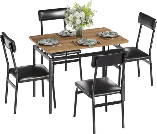 IDEALHOUSE 5 Piece Dining Room Table Set, Kitchen Table Set for 4 with Brown Wooden Grain Kitchen Table and 4 PU Upholstered Metal Chairs, Dining Room Set for Small Space,Home Dinner(4 Black Chairs)