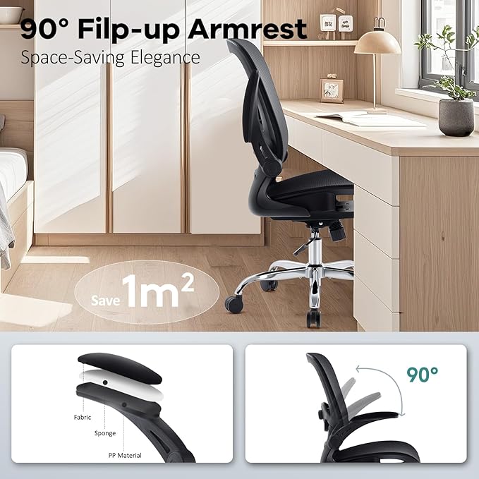 Office Chair Mesh Seat,Ergonomic Mesh Desk Chair with Adjustable Lumbar Support,Computer Chair with Flip-up Armrests, Rolling Executive Chairs, Home Office Chair(Black)