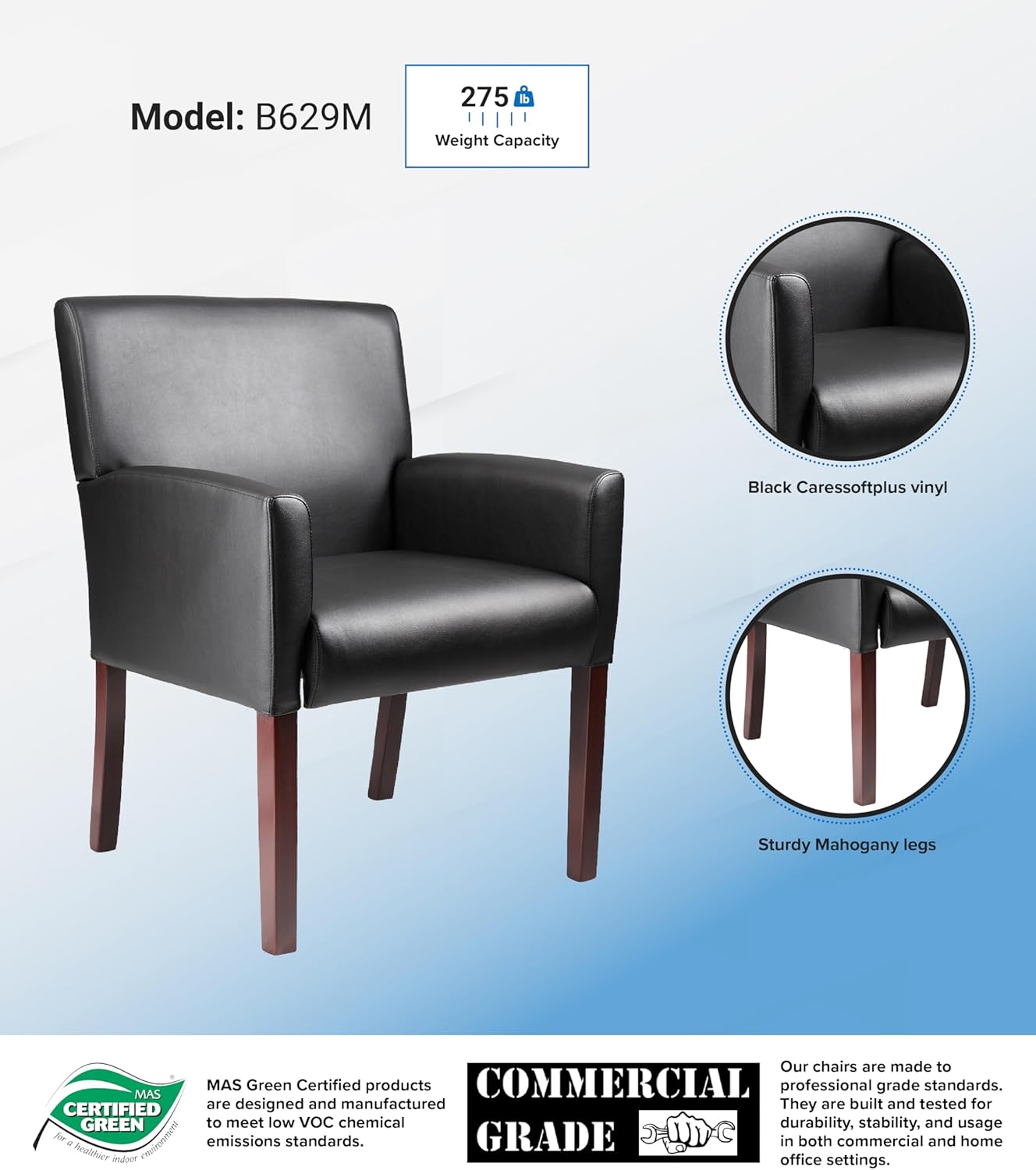 Boss Office Products Reception Box Arm Chair with Mahogany Finish in Black, 25"D x 24.5"W x 35"H