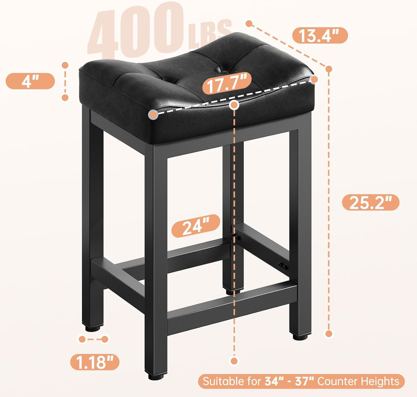 Dripex Backless Faux Leather Saddle Bar Stools Set of 2, 24 Inch Counter Height Barstools for Kitchen Island with 4" Thick Saddle Seats & Heavy Duty Metal Legs, Black