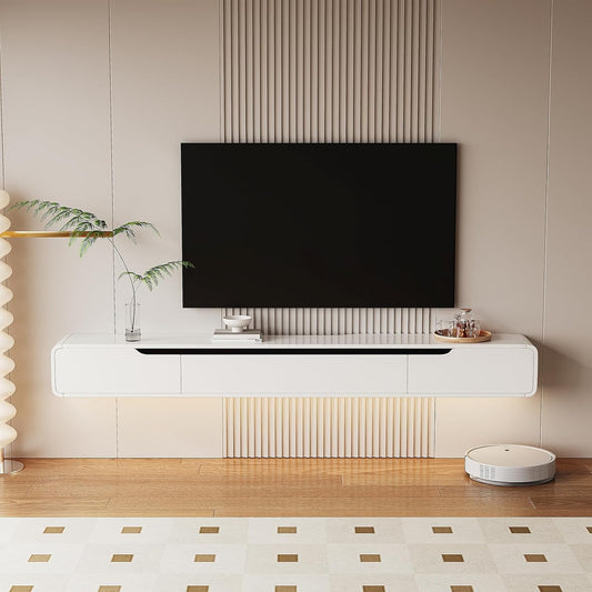 High Gloss Floating TV Stand with 3 Doors,70'' Wall Mounted TV Cabinet,Under TV Console,Floating Media Shelft for Bedroom Living Room(White)