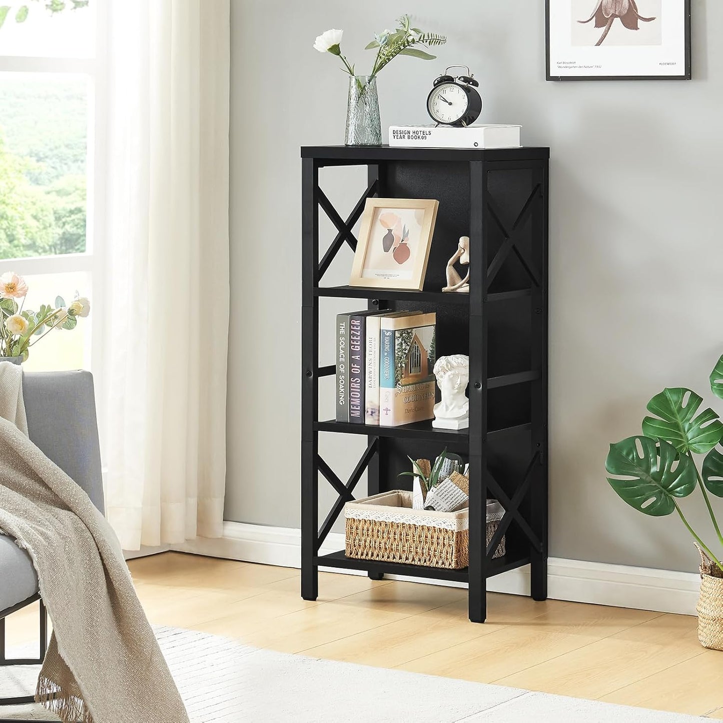 Small Bookshelf,4 Tier Industrial Bookcase with Metal Frame and Backboard,Narrow Black Book Shelf,Office Book case for Small Spaces,Living Room,Bedroom and Home Office