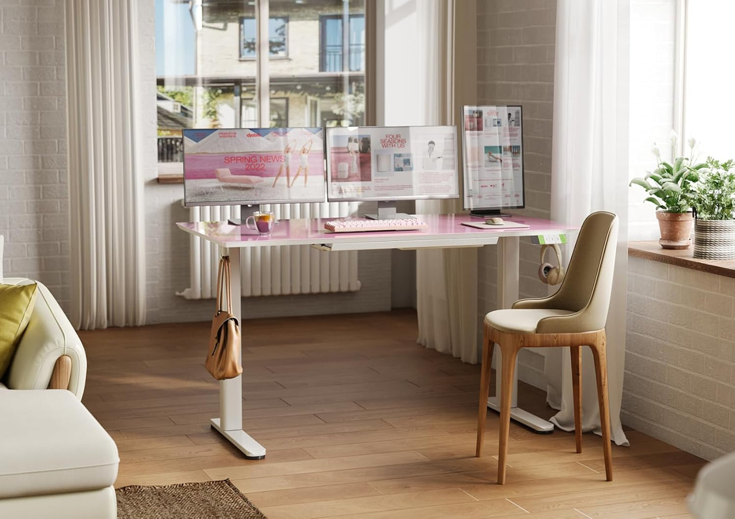 INNOVAR Glass Standing Desk with Drawers, Adjustable Height Stand Up Desk, Electric Standing Desks with Storage, 55 inch, Morandi Powder