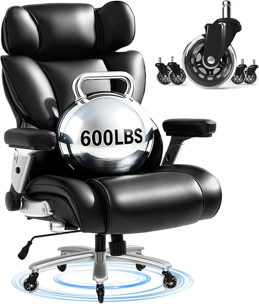 FLEXISPOT 600lbs Big and Tall Office Chair for Heavy People, Heavy Duty Computer Desk Chair with Dynamic Lumbar Support 2D Armrest Blade Wheels, Chairs for Home Office Gaming Working, Leather, Black