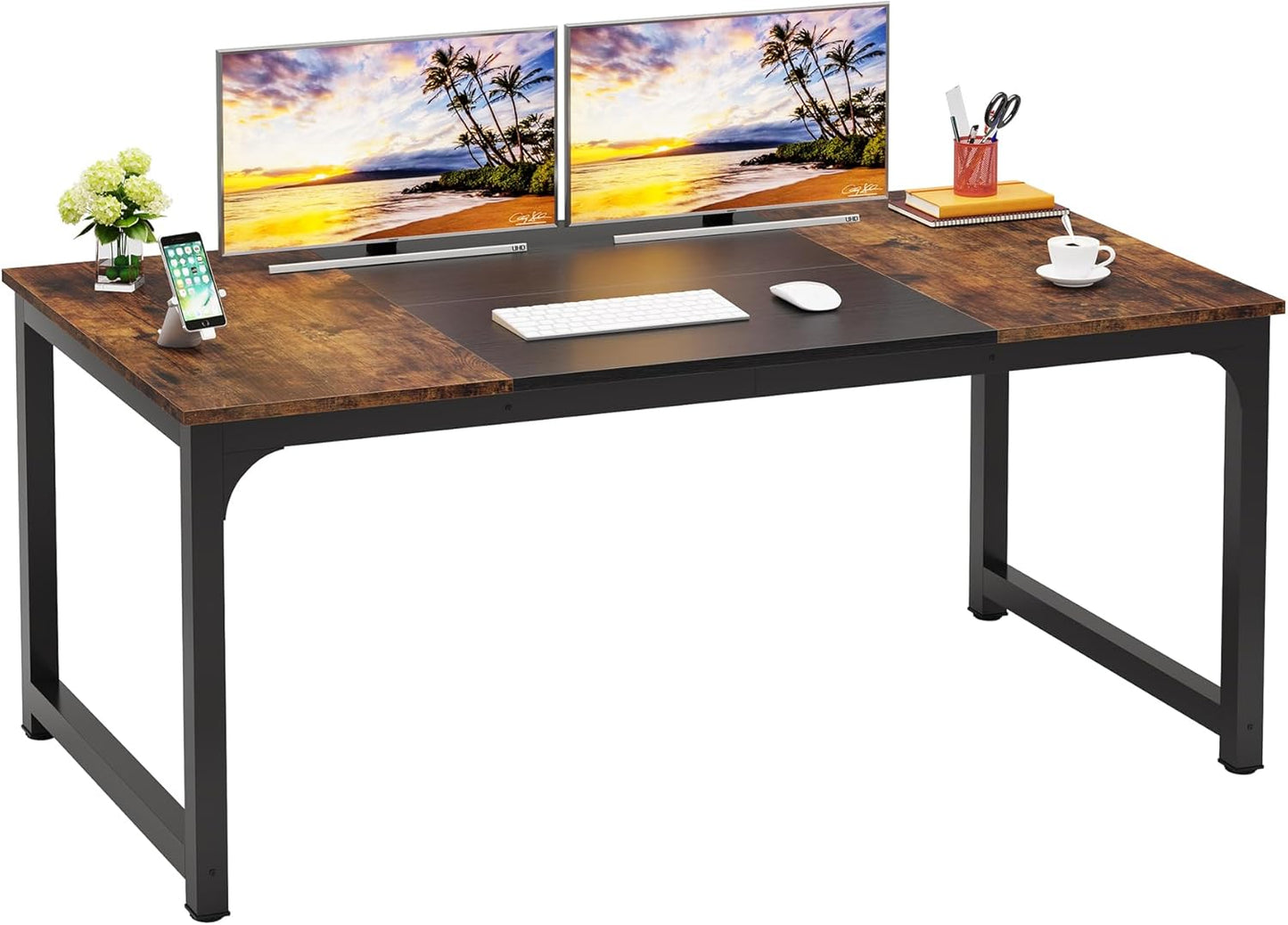 LITTLE TREE 70.8 Inch X-Large Executive Computer Office Desk, Brown+Black