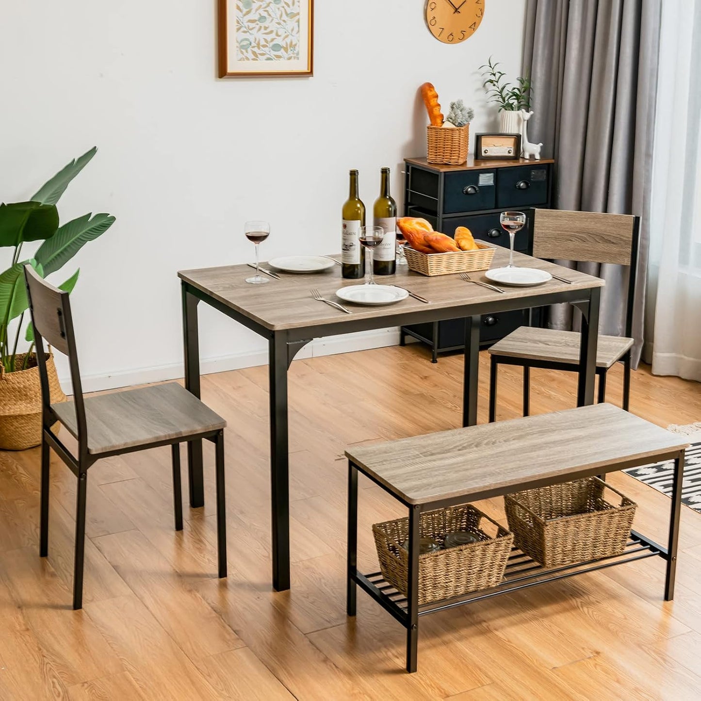 Giantex Dining Table Set for 4, Kitchen Table with Bench and Chairs, Industrial Gathering Bench Dining Set W/Metal Frame & Storage Rack, Dinette Set, Modern Functional Desk Set (Black Oak)