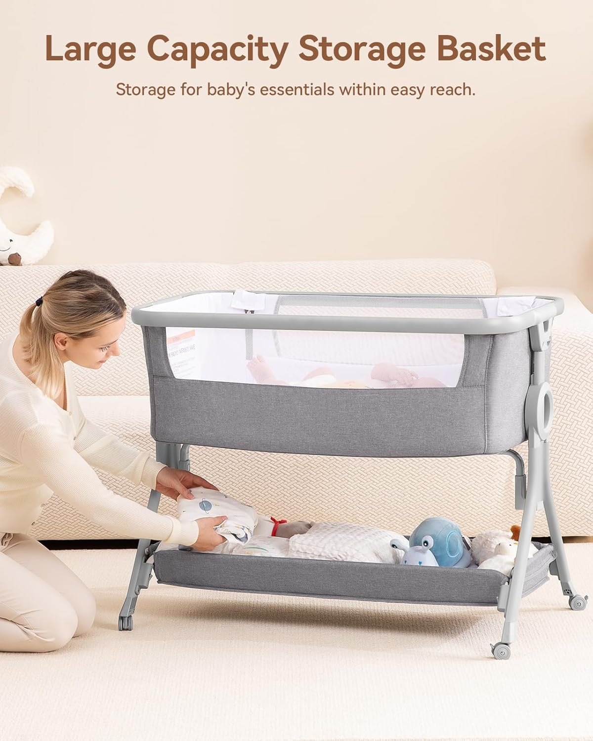 Larex 3 in 1 Baby Bassinet Bedside Sleeper, Breathable Mesh Safe Bedside Bassinet for Baby, Easy Assemble and Folding Portable Bassinet, 5 Height Adjustable Bedside Crib with Storage Basket. (Grey)