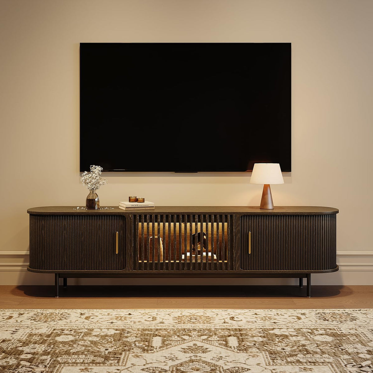 POVISON Sliding Tambour Door TV Stand with LED Lights, Mid Century Modern TV Console, Wood Media Console, Entertainment Center with Storage Cabinet, Fully-Assembled (Black, 78.74")