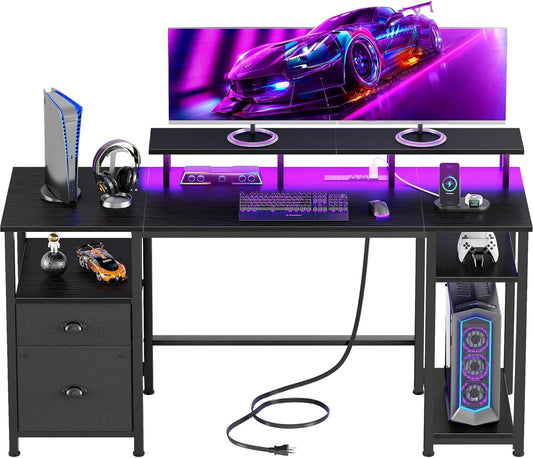 Furologee 51" Gaming Desk with Power Outlets & LED Lights, Reversible Computer Desk with File Cabinet & Monitor Stand for Home Office, Large Work Table with Storage Shelves & Drawer, Black