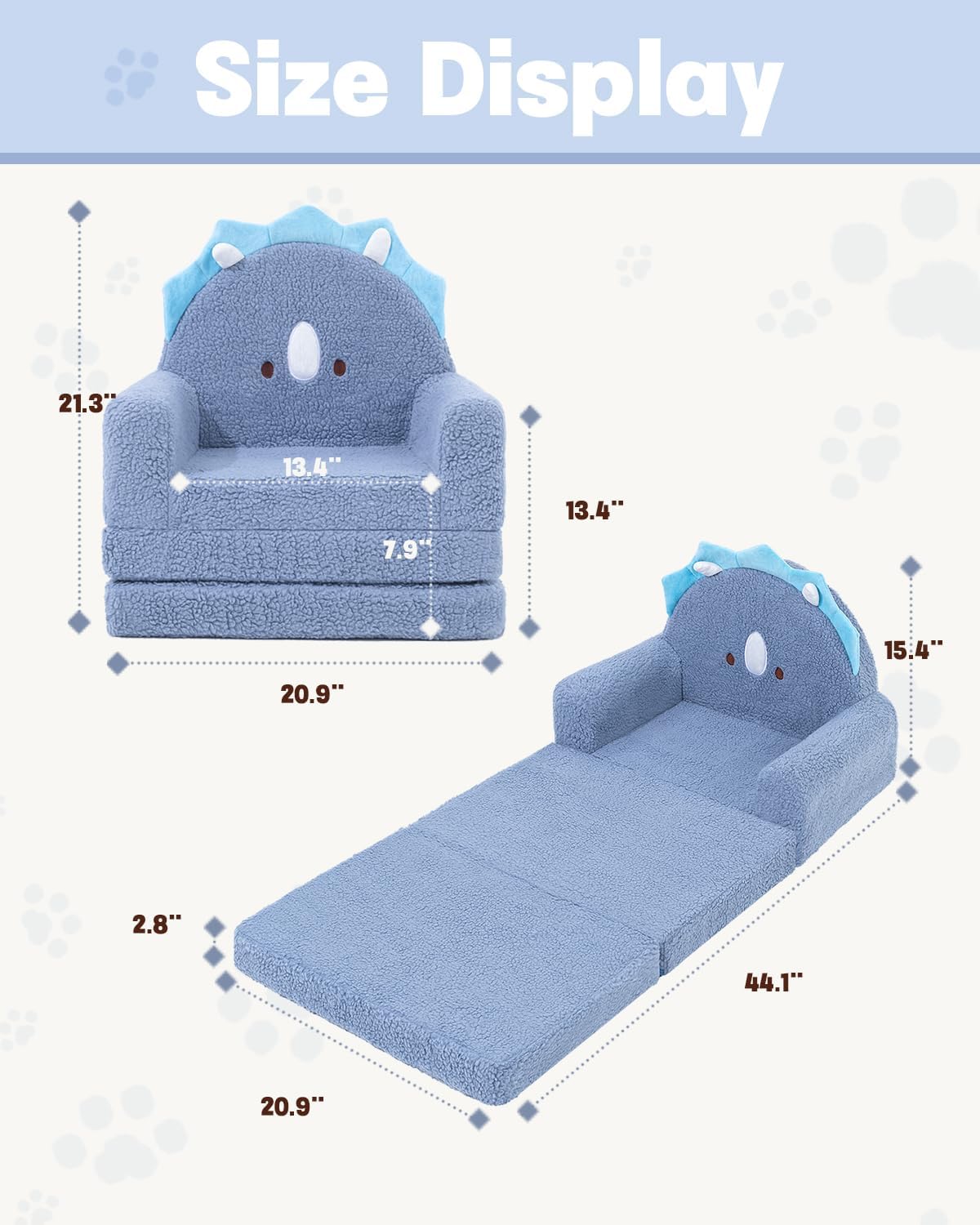 MOONBEEKI 2-in-1 Foldable Toddler Couch, Soft Sherpa Fabric with Washable Cover, Convertible Sofa to Lounger, Kids Sofa for Playroom, Bedroom, Living Room, Birthday Gift, Ages 1-3, Blue Triceratops