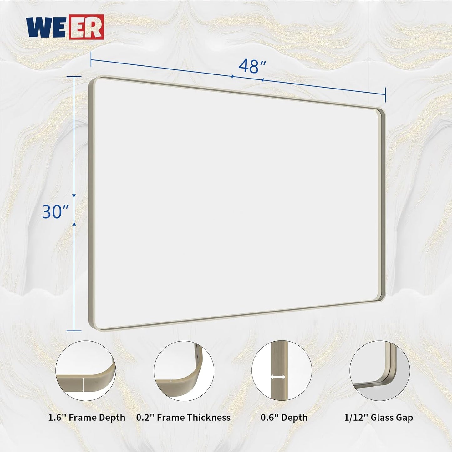 WEER 48X30 Inch Brushed Nickel Bathroom Mirror, Brushed Silver Metal Frame Mirror, Rounded Rectangle Silver Bathroom Vanity Mirror, Tempered Glass, Anti-Rust, Hangs Horizontally or Vertically