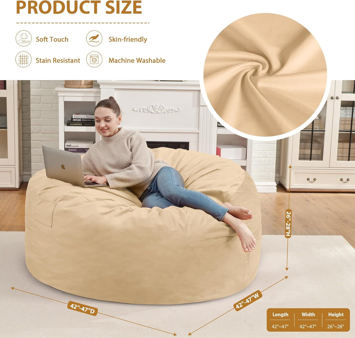 4FT Bean Bag Chair, Large Bean Bag Chairs with Memory Foam Filled, Fluffy Beanbag Sofa with Dutch Velvet Cover, Round BeanBag Chairs for Living Room, Playroom - Khaki