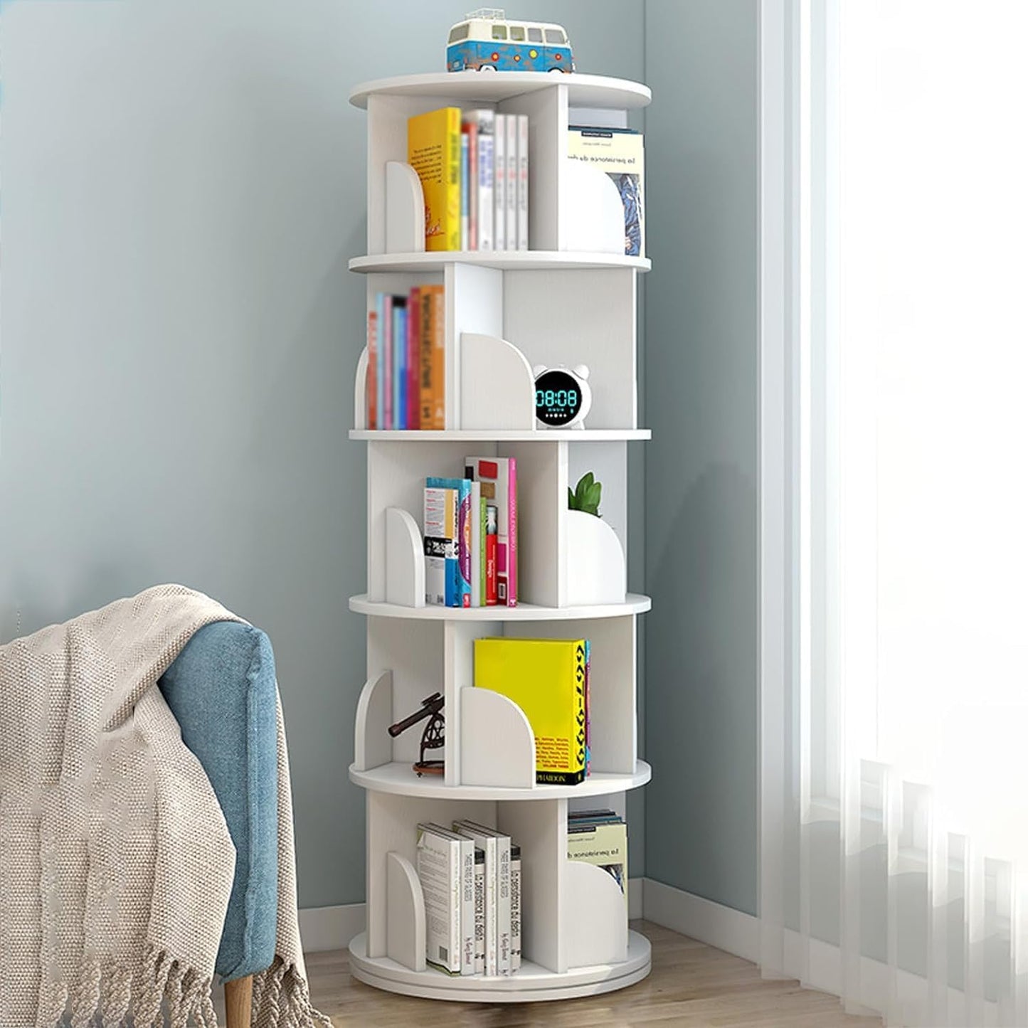 Nisorpa 5 Tier Rotating Bookshelf, 360° Revolving Bookcase Rotating Stackable Shelves Floor-Standing Storage Display Rack Used in Bedrooms Living Rooms Study Office (63"x18"x18")