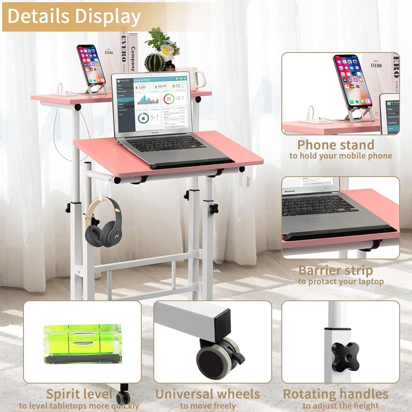 Hadulcet Mobile Standing Desk with Charging Station, Adjustable Standing Computer Desk, Standing Adjustable Laptop Cart with Wheels for Home Office Classroom, Pink