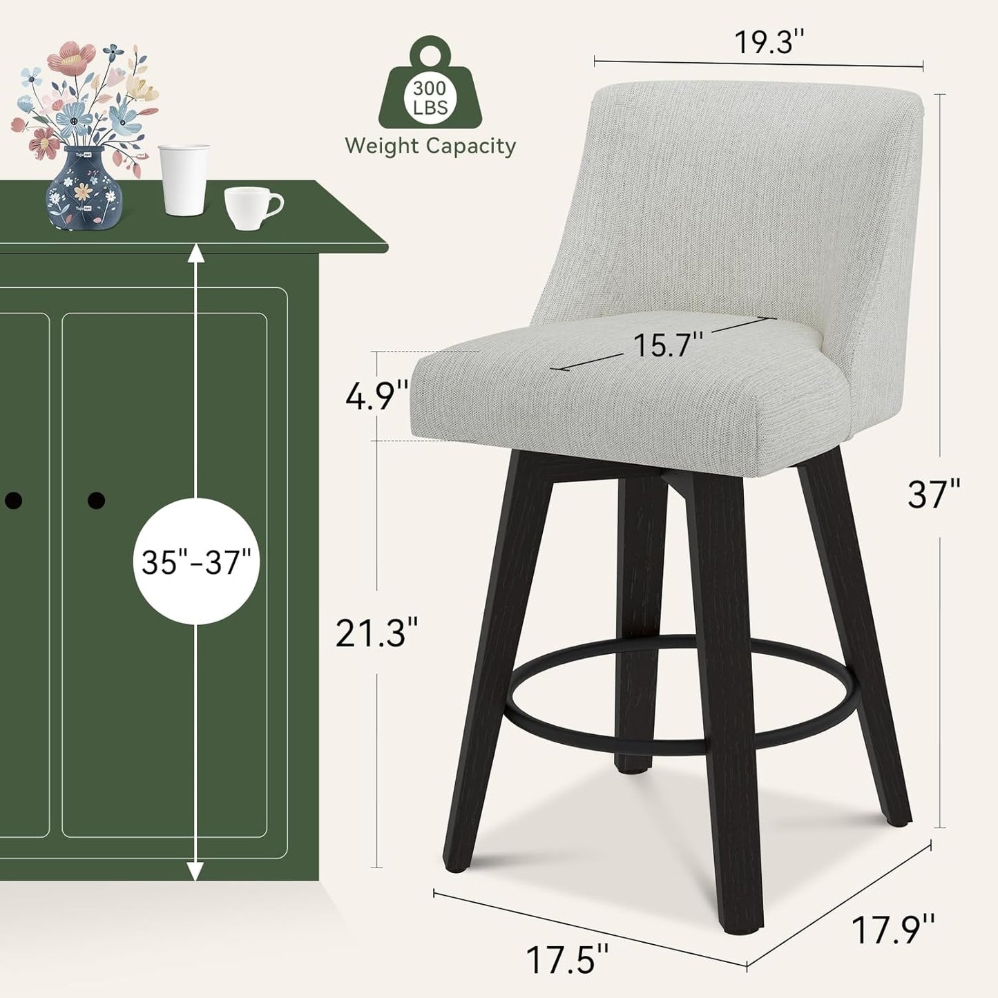 Vipbear Swivel Counter Height Bar Stools Set of 2,26.8" H Counter Stools with Back, Mid Century Modern Bar Stools for Kitchen Island,Linen Fabric,Wooden Base, White