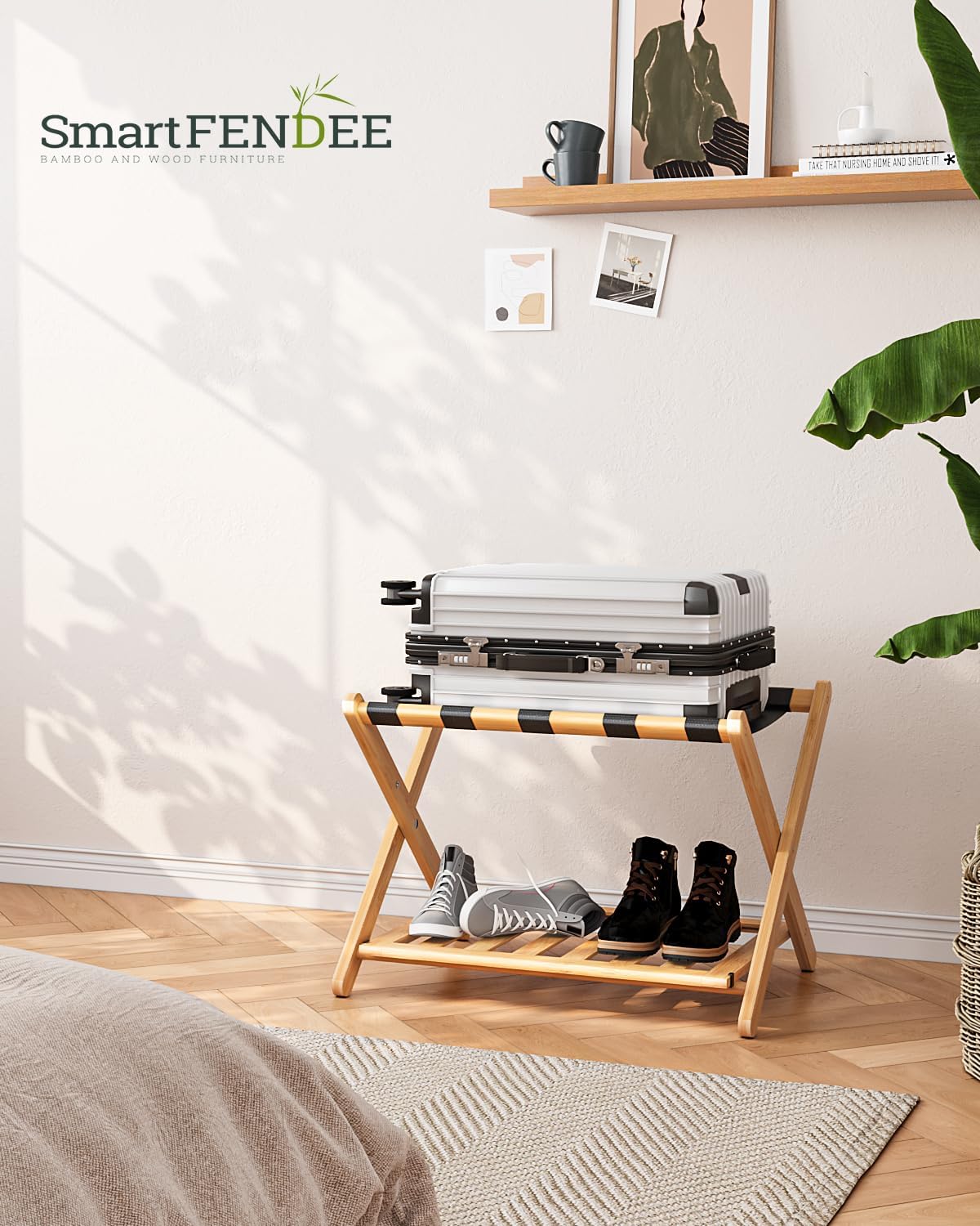 Fully Assembled Bamboo Luggage Rack, Heavy Duty Folding Suitcase Stand with Storage Shelf, Guest Room Essentials, Ideal for Bedroom, Hotel, Natural