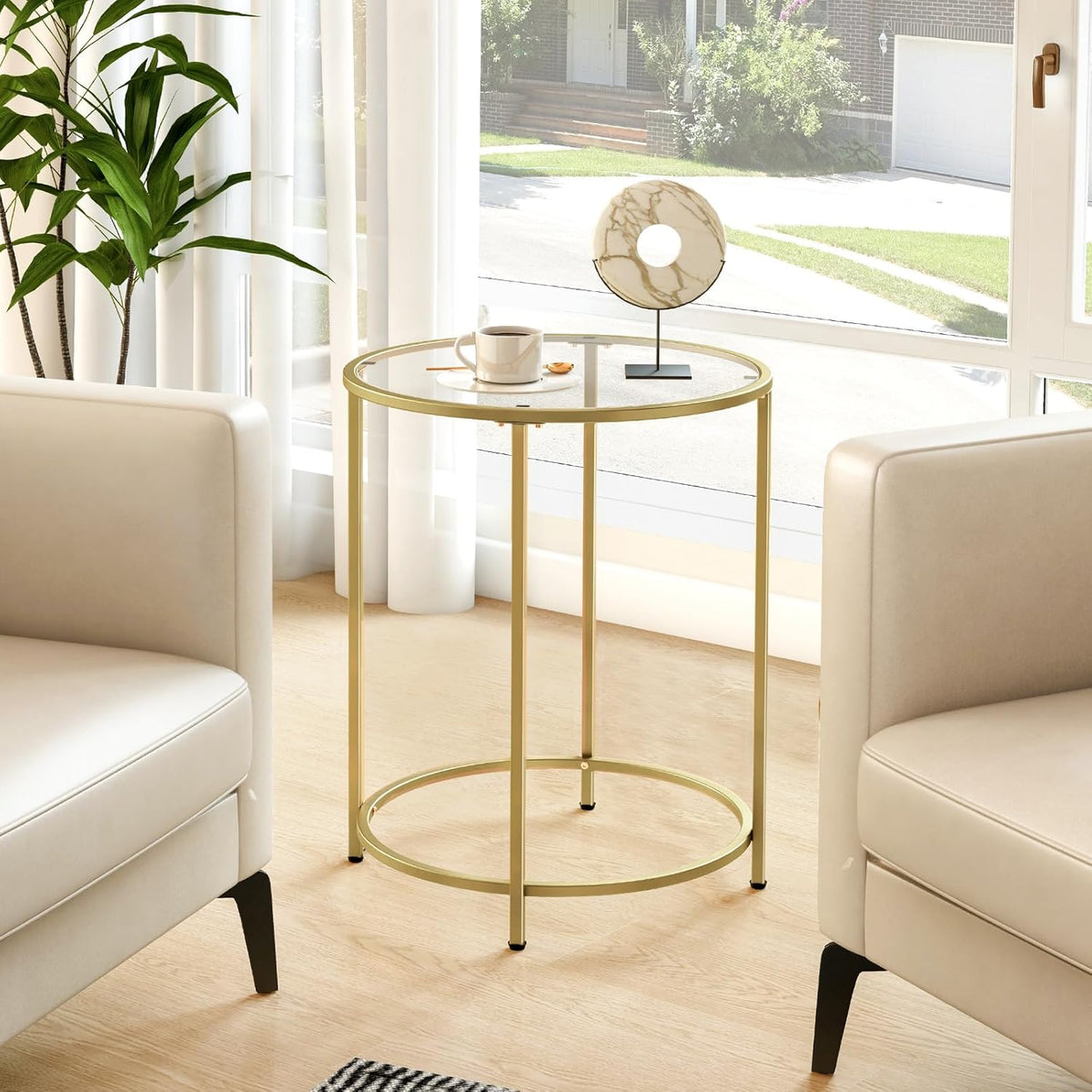 19.7’’ Round Glass End Table, Round Bedside Table with Tempered Glass Top, Gold Glass Side Table with Metal Frame, Modern Round End Table for Living Room Balcony Bedroom Porch Patio