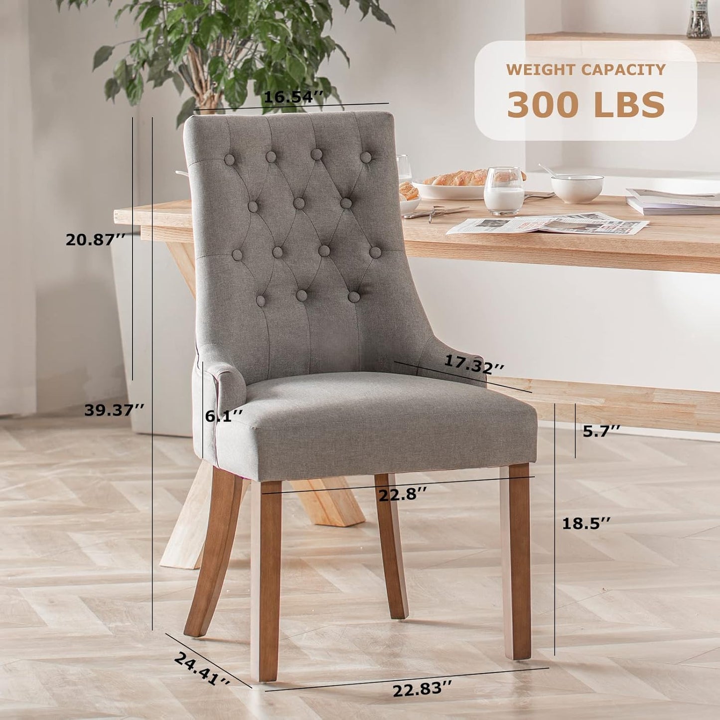 COLAMY Wingback Upholstered Dining Chairs Set of 2, Fabric Side Dining Room Chairs with Tufted Button, Living Room Chairs for Home Kitchen- Light Grey
