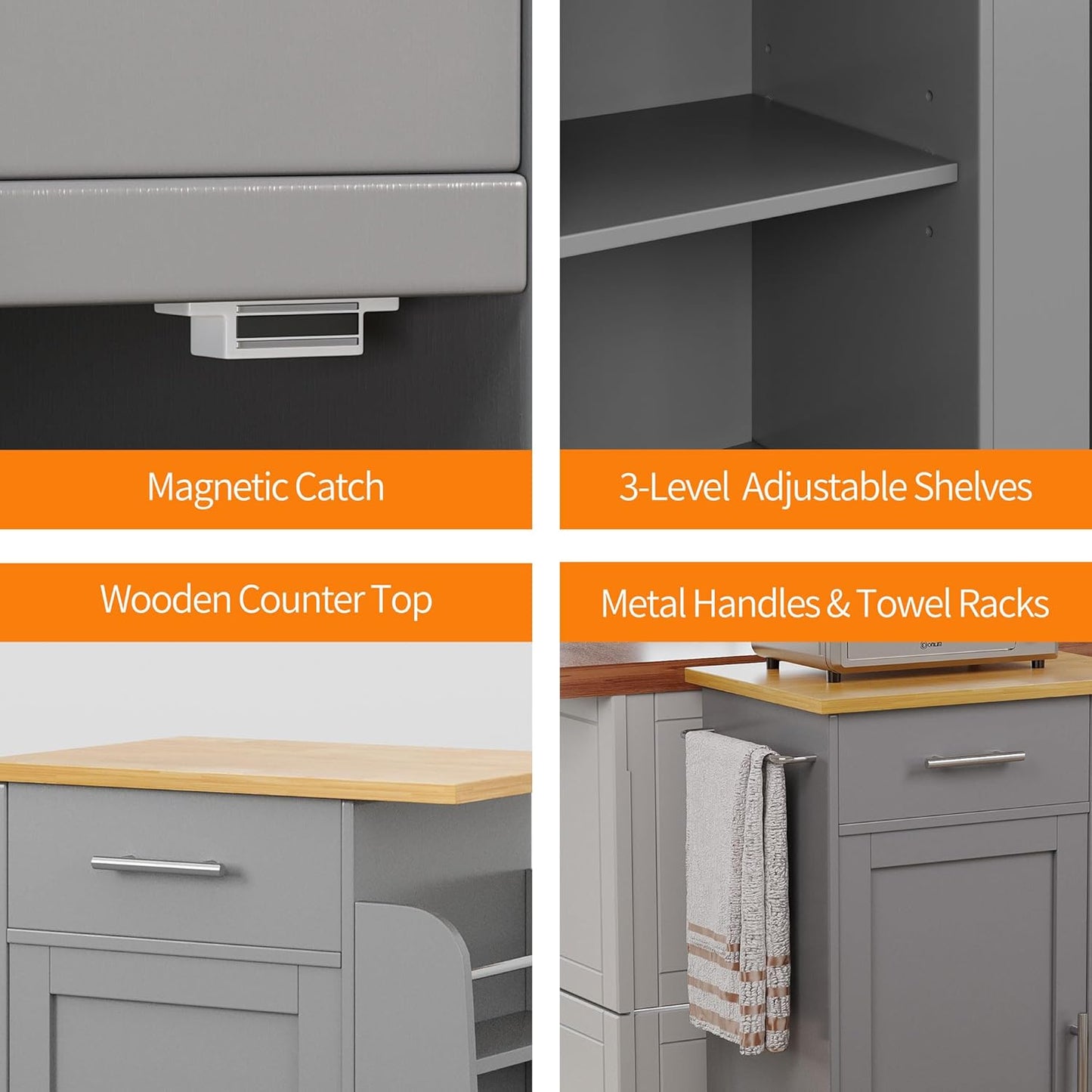 Shintenchi Small Kitchen Island on Wheels with 3-Tier Side Spice Rack and Rubber Wood Top, Trolley Cart with Storage Cabinet & Drawer and Handle/Towel Rack, Gray
