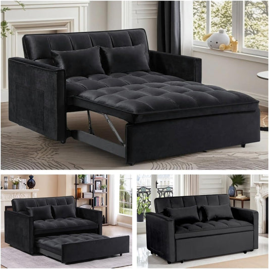 3 in1 Sofa Bed, Pull-Out Sleeper Sofa Bed with 3-Level Adjustable Backrest, Velvet Fabric Convertible Love Seat Sleepers Beds for Living Room & Bedroom & Apartment, Black