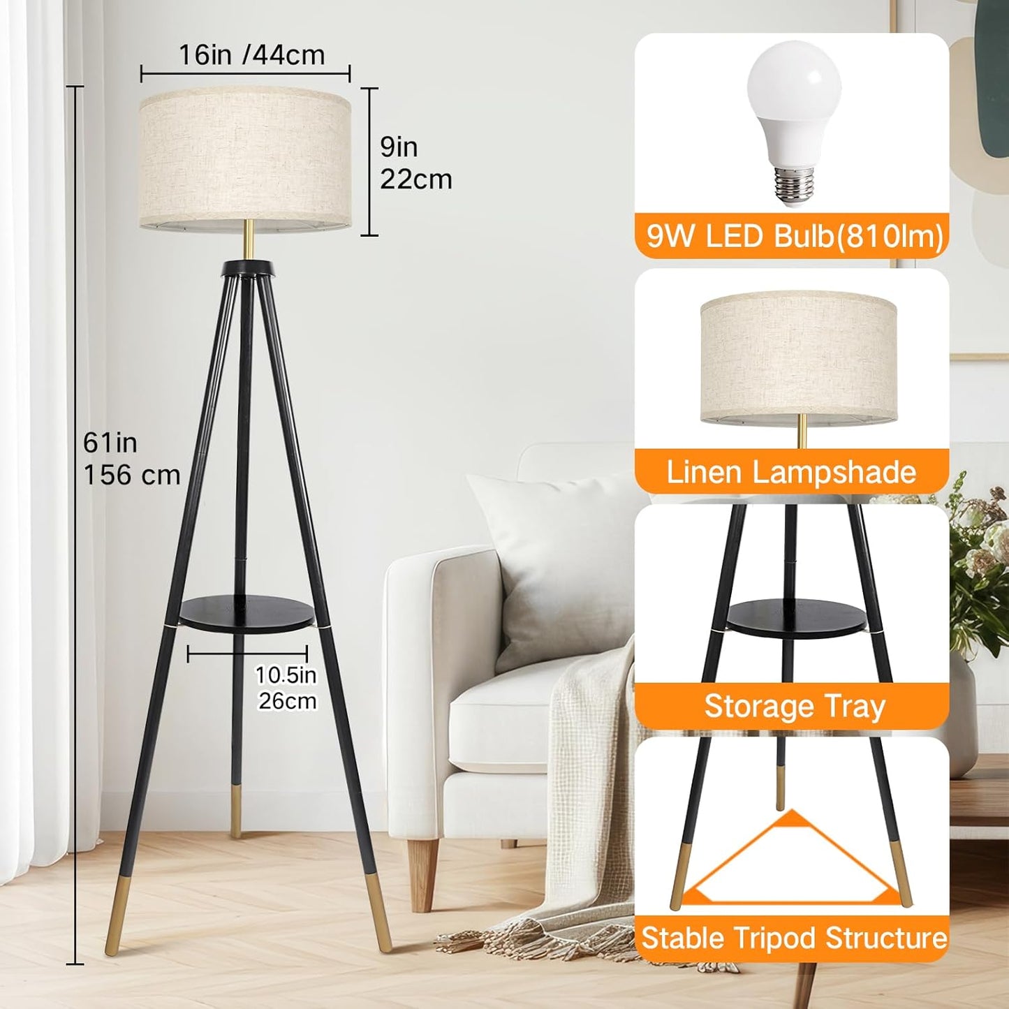 OUTON Wood Tripod Floor Lamp with Shelves, Mid Century Floor Lamp with Remote Control, 4 Color Temperature, LED Modern Dimmable Standing Lamp for Living Room, Bedroom, Office, Black & Gold