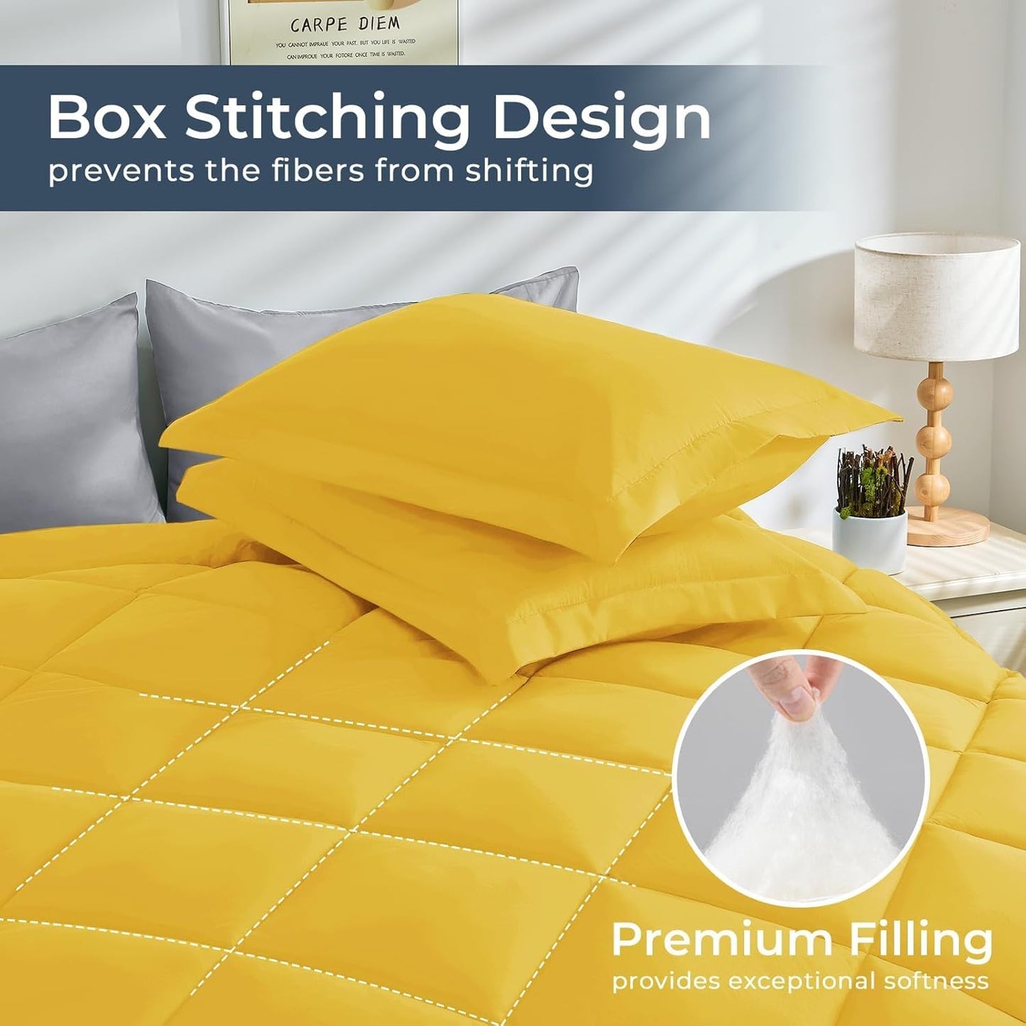 HEVUMYI Twin Comforter Set - 5-Piece All Season Bed in a Bag Twin, Ultra Soft Bedding Set with Comforter, Flat Sheet, Fitted Sheet, Pillowcases, Pillow Shams, Yellow & Light Grey