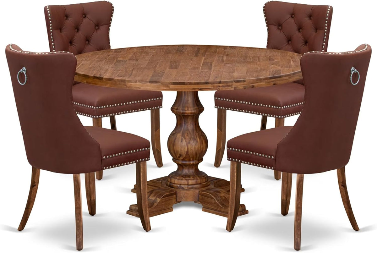 I5DA5-50N-26 5-Pc Kitchen Table Set Contain a Wooden Table and 4 Burgundy Polyester Fabric Upholstered Chairs with Button-Tufted Back, Antique Walnut
