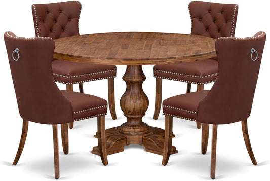 I5DA5-50N-26 5-Pc Kitchen Table Set Contain a Wooden Table and 4 Burgundy Polyester Fabric Upholstered Chairs with Button-Tufted Back, Antique Walnut
