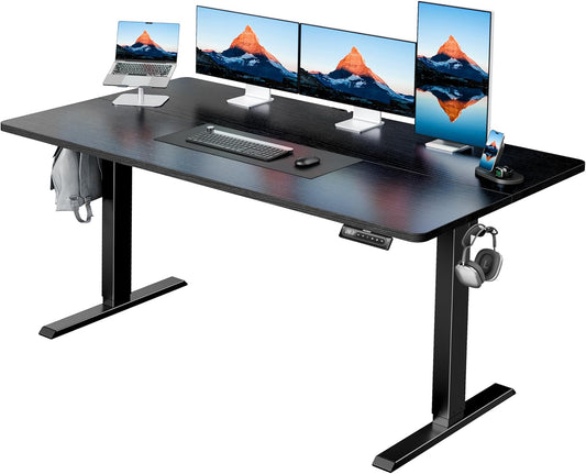 HUANUO 55" x 28" Electric Standing Desk Adjustable Height, 4 Memory Height Settings, Headphone Hook, Cable Manager, Sit Stand Up Desk for Home Office & Computer Workstation, Black