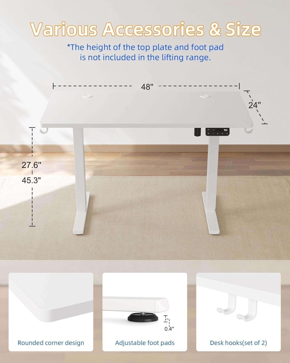 YIHAYO Electric Standing Desk, 48 x 24 Inches Stand Up Desk with Splice Board, Adjustable Height Desk, Computer Desk for Home Office, White Frame/White Top
