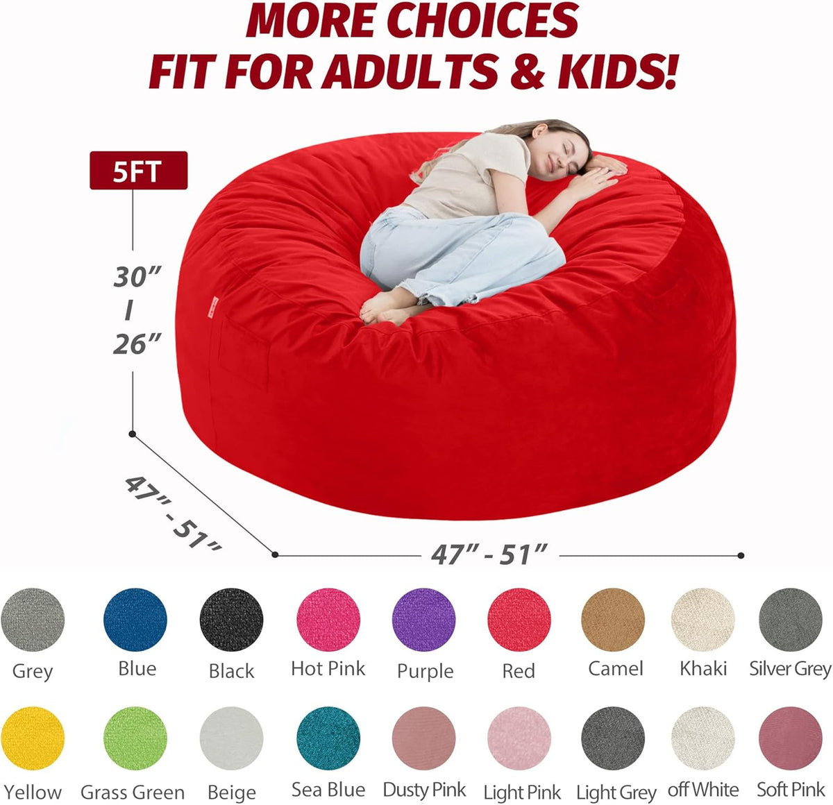 5FT Bean Bag Chair with Ultra Soft Velvet Cover Bean Bag Sofa with Memory Foam Bean Bag Chairs with Large Size Lazy Sofa for Dorm Office Living Room Bedroom Red 5'