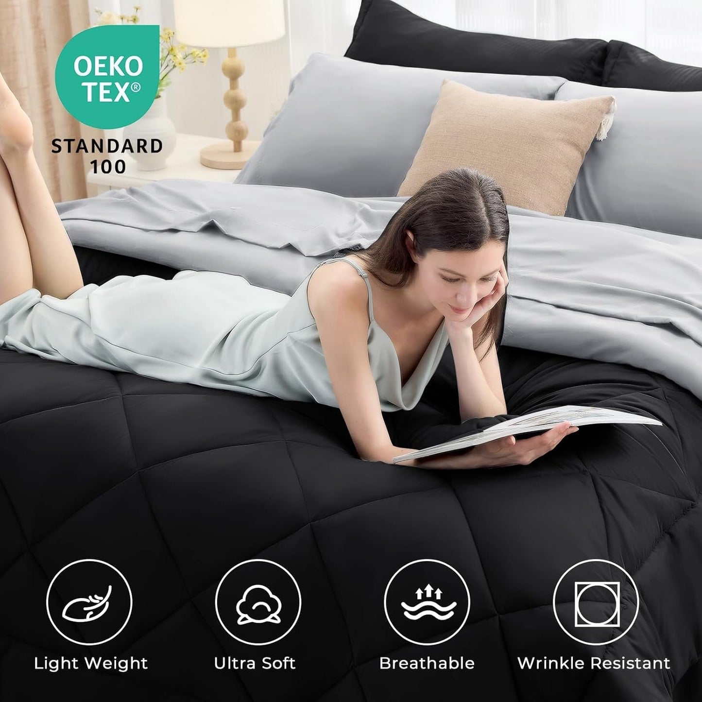 HEVUMYI Queen Comforter Set - 7-Piece All Season Bed in a Bag Queen, Ultra Soft Bedding Set with Comforter, Flat Sheet, Fitted Sheet, Pillowcases, Pillow Shams, Black & Light Grey