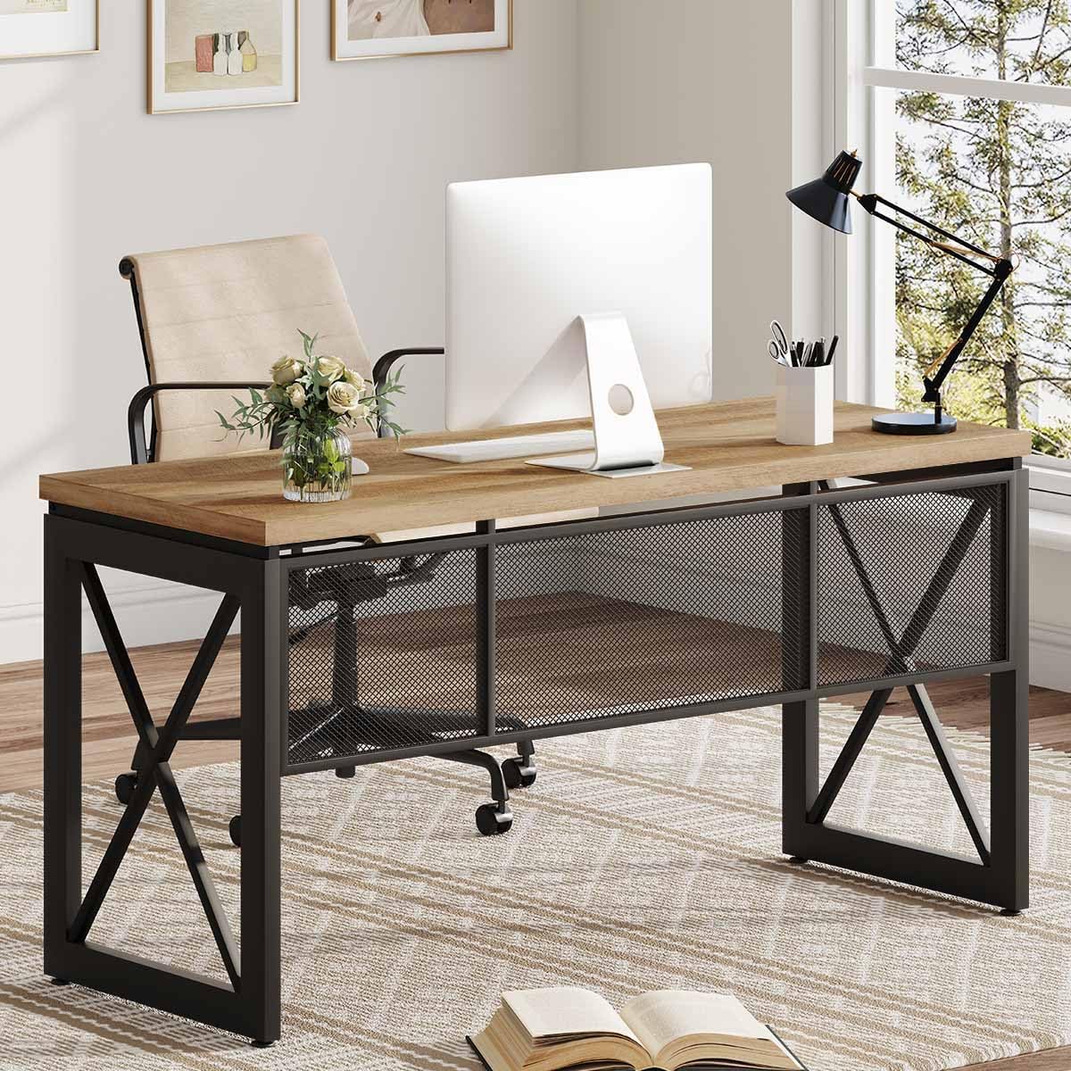 BON AUGURE Computer Desk for Home Office, Sturdy Office Desk, Wide Wood Metal Writing Table, Farmhouse Industrial Gaming Desks (60 Inch, Vintage Oak)