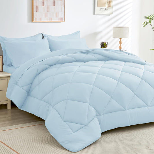 HEVUMYI 7 Pieces Queen Comforter Set, All Season Reversible Bed in a Bag Queen, Ultra Soft Queen Bedding Set with Grey Comforter, Flat Sheet, Fitted Sheet, Pillowcases, Pillow Shams, Greyish Blue