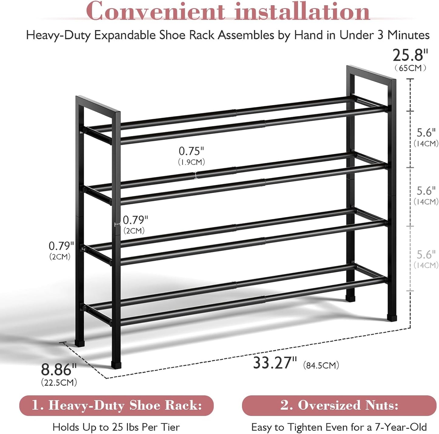 Bumusty 4-Tier Expandable Shoe Rack for Closet, 18“-33” Adjustable Shoe Rack for Small Space, Small Shoe Organizer for Front Door, Sturdy Metal, Dark Black