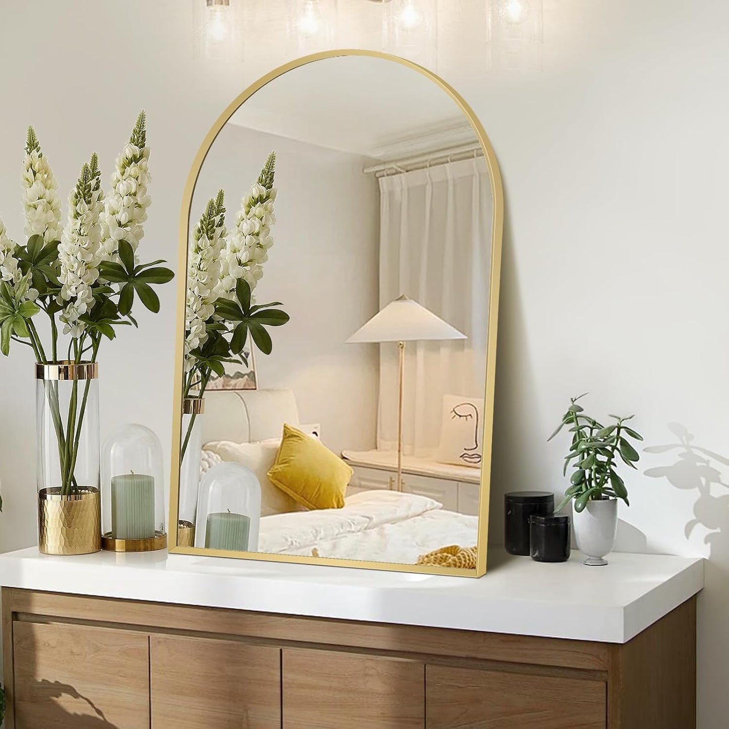 Large Gold Arched Mirror, 30" x 40" Modern Brushed Metal Frame Arch Wall Decorative Mirror, Arched Top Bathroom Vanity Mirror for Living Room Bedroom Hallways Entryway