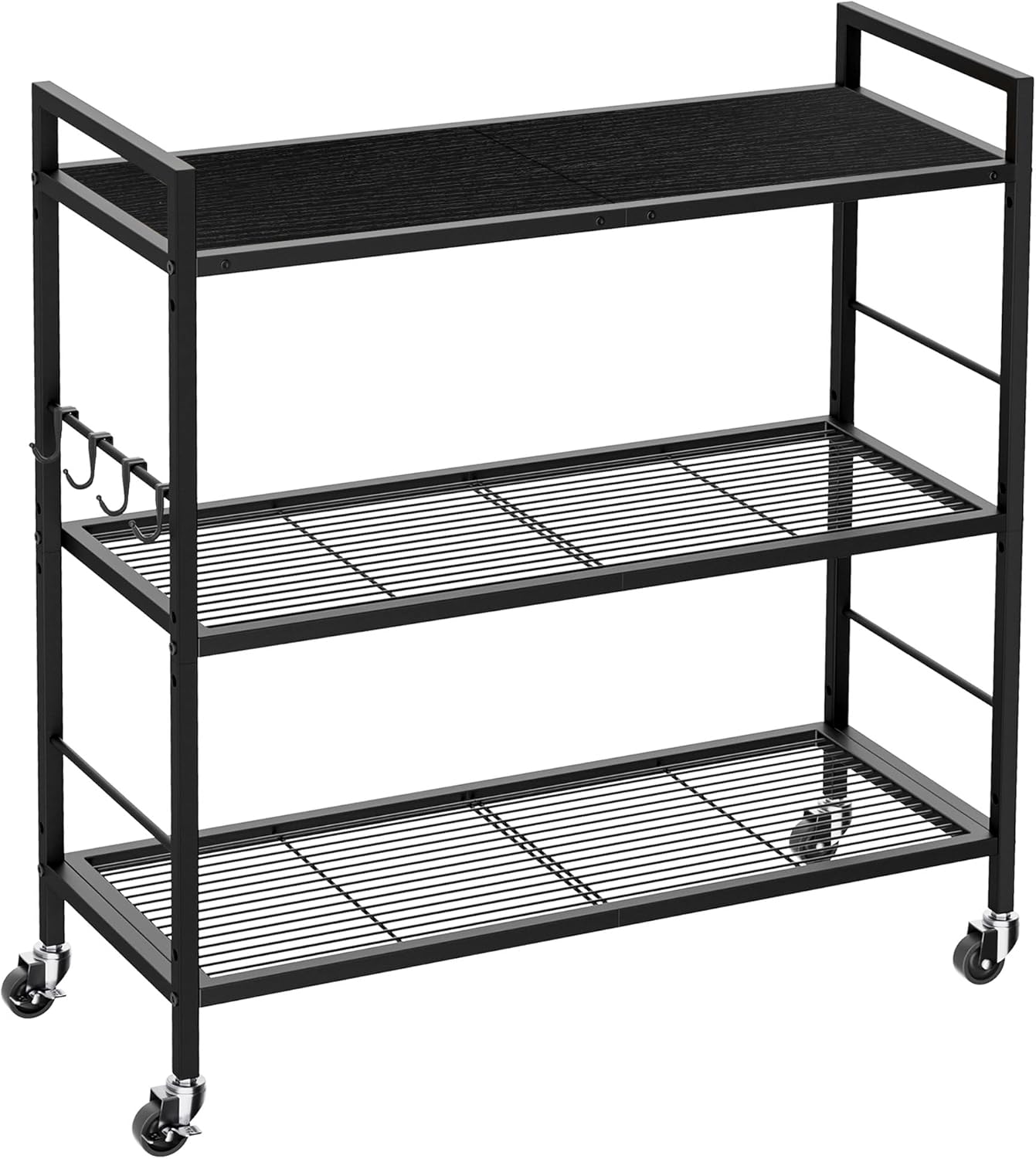 3-Tier Metal Storage Rack with Industrial Wheels,Mesh Shelving Unit with Wooden Table top,Adjustable Shelf,31.5-Inch Width, for Kitchen, Laundry,Pantry,Plant,Black panel and black frame