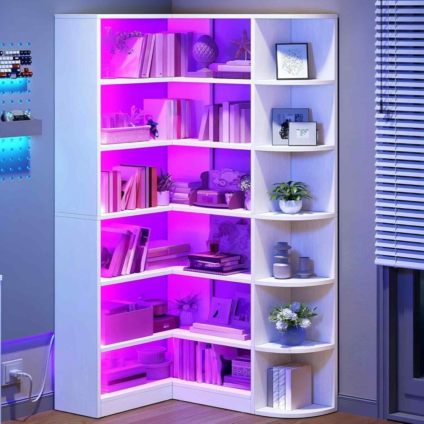 YITAHOME Corner Bookshelf with LED Light, 6 Tier Corner Shelf White Bookshelf L-Shaped Bookcase Storage Display Shelf for Home Office, Living Room, White